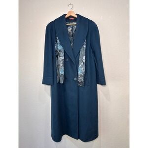Alorna by Forstmann Vintage Wool Blend Long Coat Teal Blue Scarf Detail USA Made